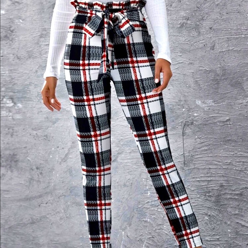 Paper-bag plaid pants with tie-front waist belt :)